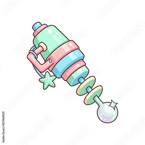 Colorful cartoon ray gun with whimsical design, featuring sparkles and a star, isolated on white