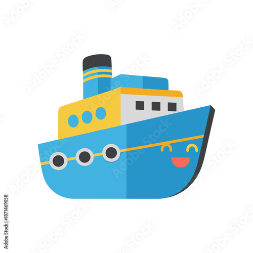 Colorful cartoon tugboat with a smiling face, sailing in calm waters under a clear sky