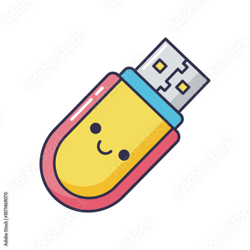 Colorful cartoon USB flash drive with a smiling face, set against a white background, ideal for tech illustrations