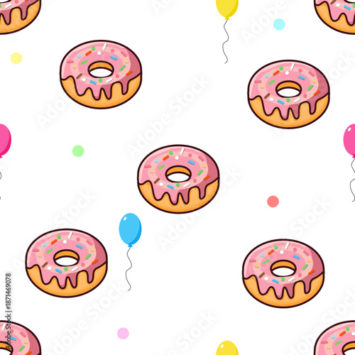 Delicious strawberry donut seamless pattern with balloons, sweet glazed doughnut vector background