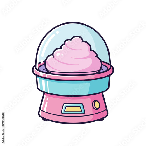 Colorful cotton candy machine with fluffy pink treat inside, set against a festive background