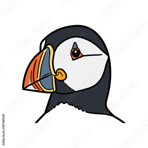 Colorful puffin portrait showcasing its distinctive beak and vibrant features against a white background
