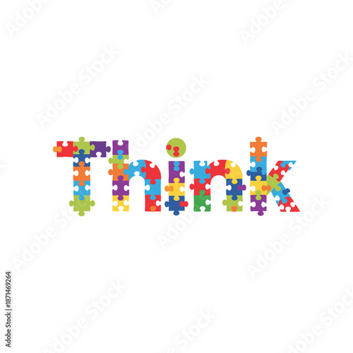 Colorful puzzle pieces forming the word 'Think' on a clean white background, symbolizing creativity