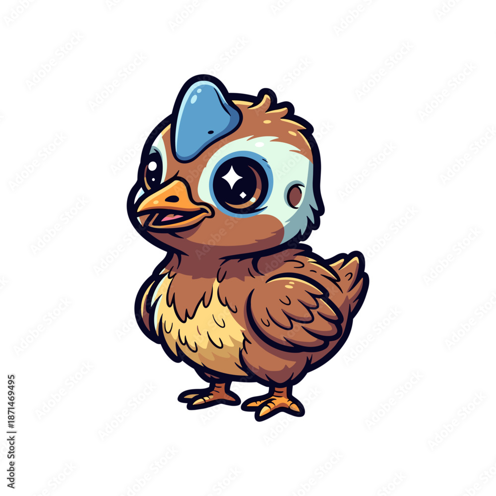 Fototapeta premium Cute cartoon bird character with a blue crest, standing cheerfully against a white background