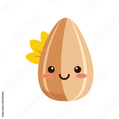 Cute cartoon almond character with a smiling face and leaf detail, isolated on white background
