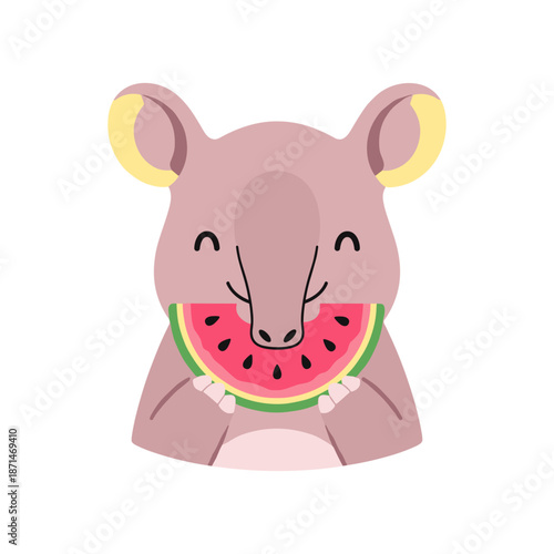 Cute cartoon animal happily holding a slice of watermelon, with a simple white background