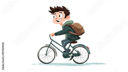 Cheerful Young Boy Riding Bicycle with Outline Vector Illustration