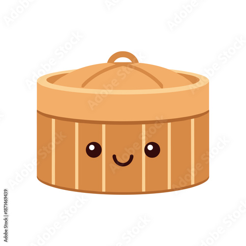 Cute cartoon bamboo steamer with a smiling face, set against a plain background, ideal for kitchen decor
