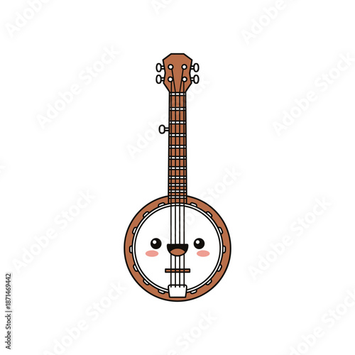 Cute cartoon banjo with a smiling face, set against a plain background, ideal for children's music themes