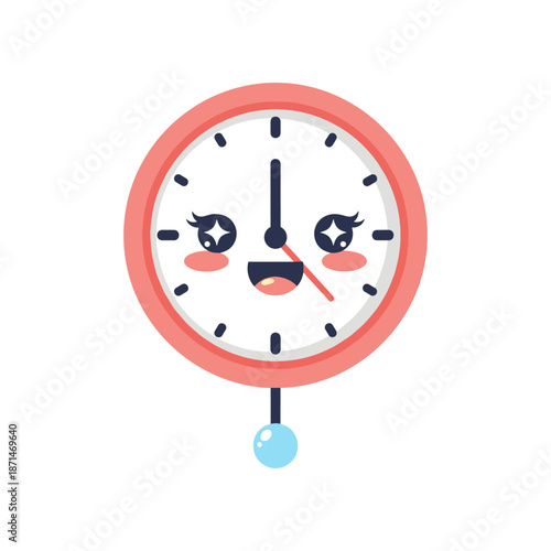 Cute cartoon clock with a smiling face, indicating time, set against a simple background
