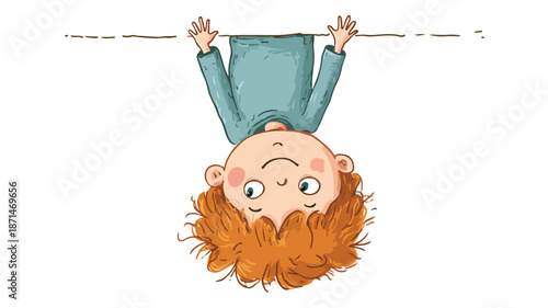 Playful Cartoon Little Boy Hanging Upside Down Vector Illustration with Outline for Creative Projects
