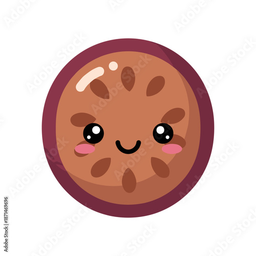Cute cartoon cookie character with smiling face and rosy cheeks on a white background