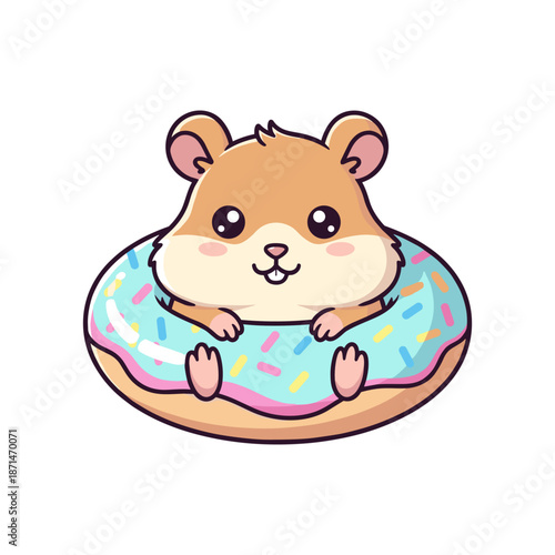 Cute cartoon hamster sitting in a colorful donut, surrounded by a playful background