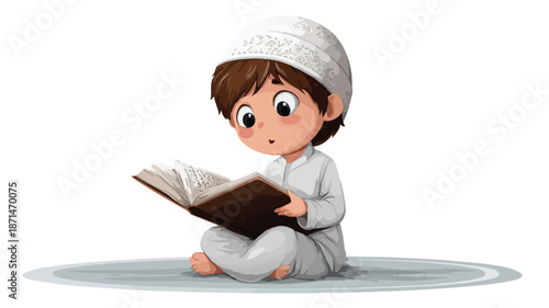 Muslim Boy Reading Quran Vector Isolated on White, Islamic Child Learning, Religious Education Illustration