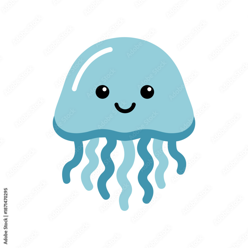 Fototapeta premium Cute cartoon jellyfish with a smiling face, floating in a clear ocean, surrounded by bubbles