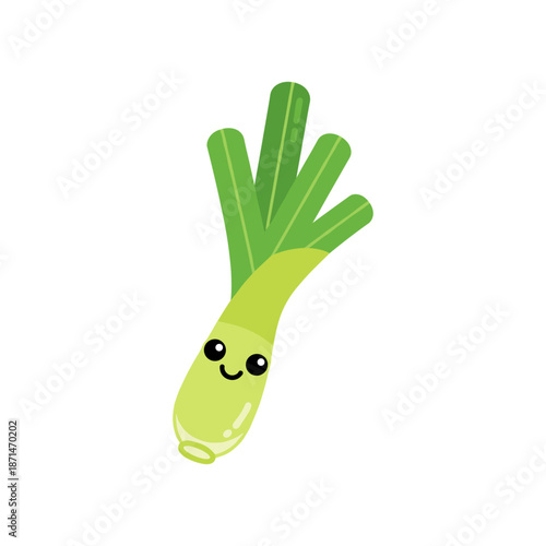 Cute cartoon illustration of a smiling green leek with vibrant green leaves on a white background