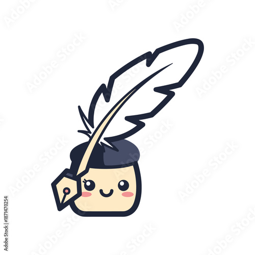 Cute cartoon ink pot with a smiling face and feather quill, set against a simple white background