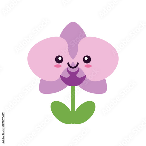 Cute cartoon orchid flower with a smiling face, set against a simple white background