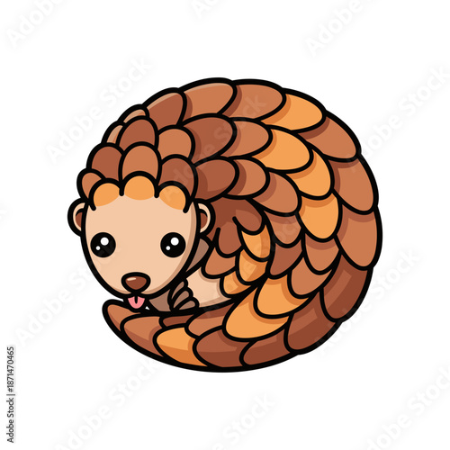 Cute cartoon pangolin curled up with vibrant scales, set against a simple white background
