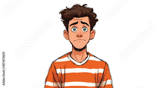 Sad Young Prisoner Cartoon Vector with Outline on White Background
