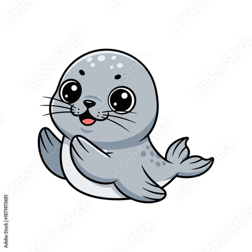 Cute cartoon seal swimming happily in a clear ocean, surrounded by vibrant marine life