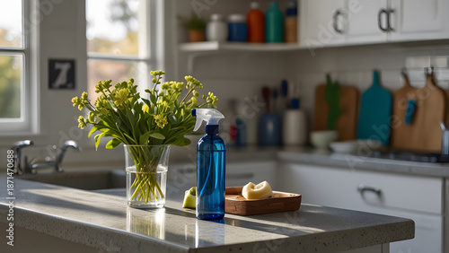 Blue cleaning spray bottle and yellow spring flowers on sunlit kitchen island. Spring cleaning concept