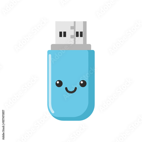 Cute cartoon USB flash drive with a smiling face, isolated on a white background