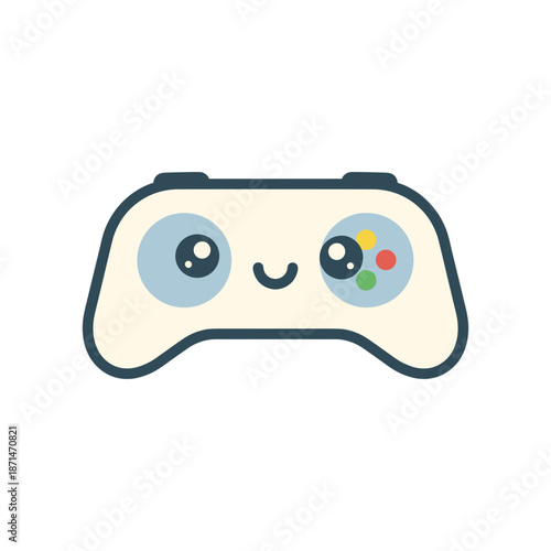 Cute cartoon video game controller with a smiling face, set against a playful background