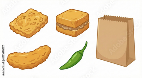 Delicious fried chicken pieces, sandwich, and green chili with a paper bag