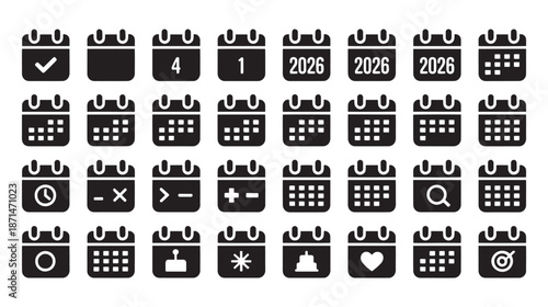 calendar icons for 2026 year planning and scheduling, isolated silhouette glyph symbols for date time management agenda and business organizer app interface design