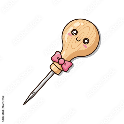 Cute wooden sewing tool with a smiling face and pink bow, isolated on a white background