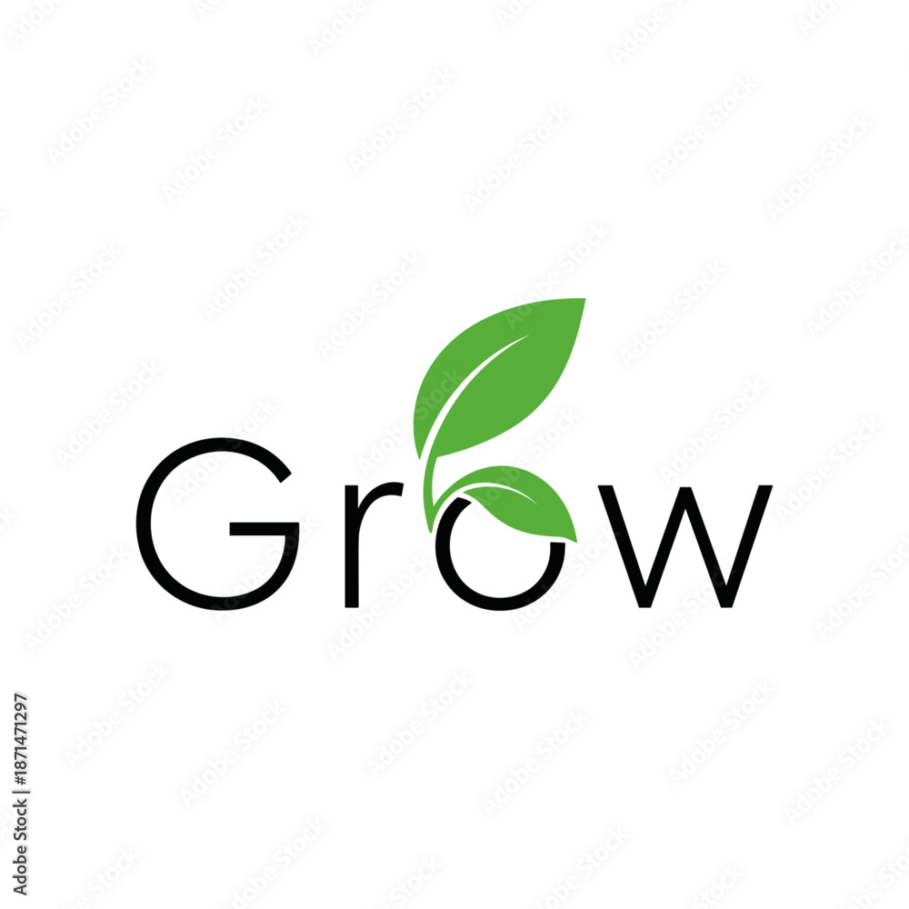 Fototapeta premium Logo design featuring the word 'Grow' with green leaves, symbolizing nature and growth