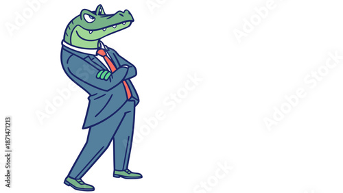 Confident cartoon alligator in business suit and tie standing strong