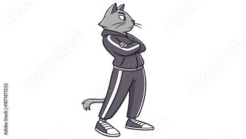 Cool cartoon cat in athletic wear standing confidently