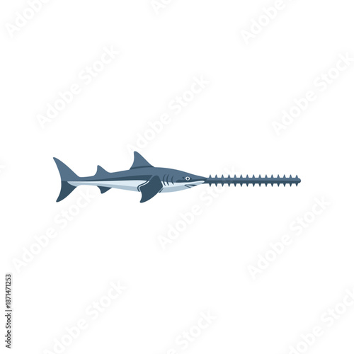 Illustration of a sawfish swimming gracefully in clear water, showcasing its unique rostrum