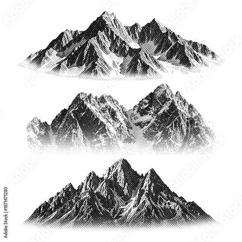 three unique mountain peaks in retro halftone style, nature stipple effect design set