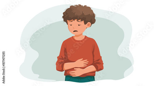 Young Boy Suffering Stomach Ache Vector with Outline Isolated Image