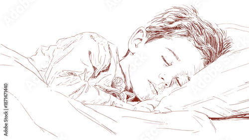 Young Boy Wake Up on White Background Vector with Outline