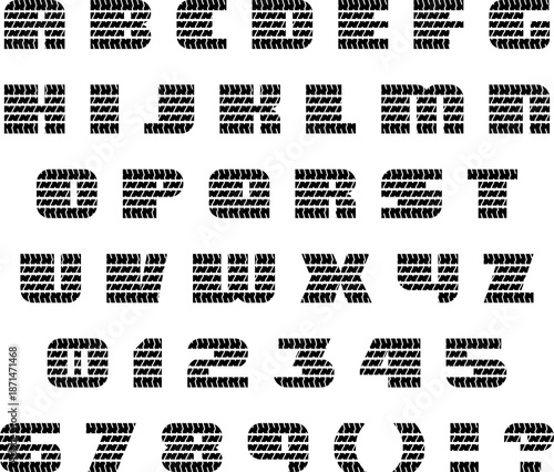 Rare set of fonts, alphabet and numbers, letters in the shape of tire tracks on the ground, special.