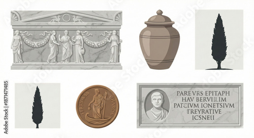 Vector Collection of Ancient Roman Funerary Monuments Sarcophagus, Urn, Epitaph, and Cypress Tree Graphics
