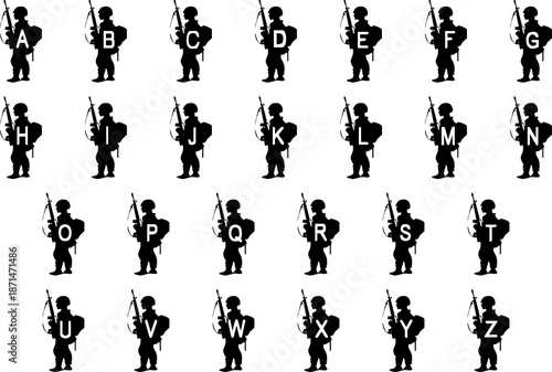 Rare set of fonts, alphabet, letters in the shape of vintage soldiers, special.