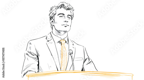 Young Businessman Speaking at Podium with Outline Vector Illustration