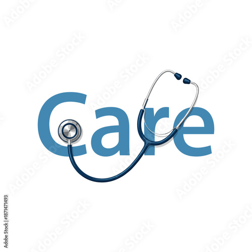Stethoscope intertwined with the word 'Care' symbolizing healthcare and compassion