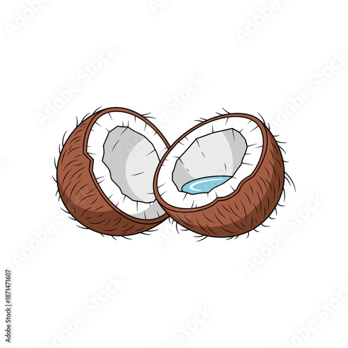 Two halved coconuts showcasing their inner white flesh and blue liquid, isolated on white background