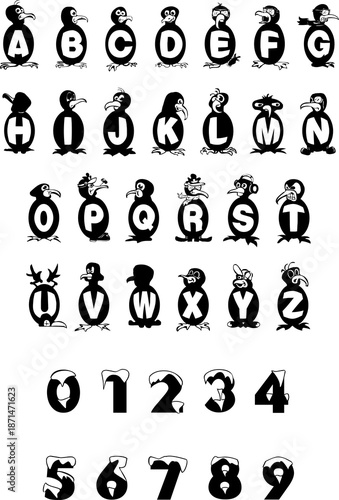 Rare font set, alphabet and numbers, penguin-shaped letters, special, fun.