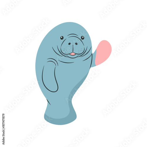 Whimsical manatee character waving cheerfully against a simple, white background
