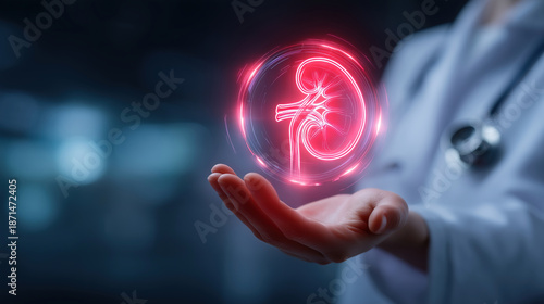 Doctor holding glowing holographic kidney, kidney diseases nephrology medical technology healthcare concept