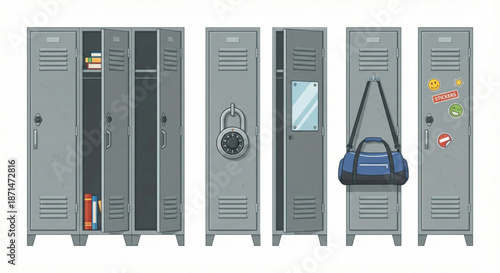 Cartoon set of grey metal lockers, some open with personal items, a gym bag, and stickers, representing school or gym storage