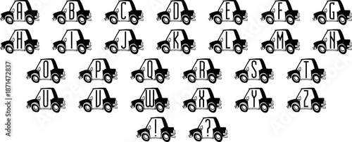 A rare set of fonts, alphabet and numbers, fun with car-shaped letters.