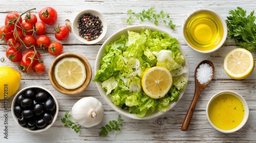 Wallpaper Mural Fresh Ingredients for Healthy Salad Preparation with Vegetables, Olive Oil, Spices, and Lemon on Rustic Wooden Table Torontodigital.ca